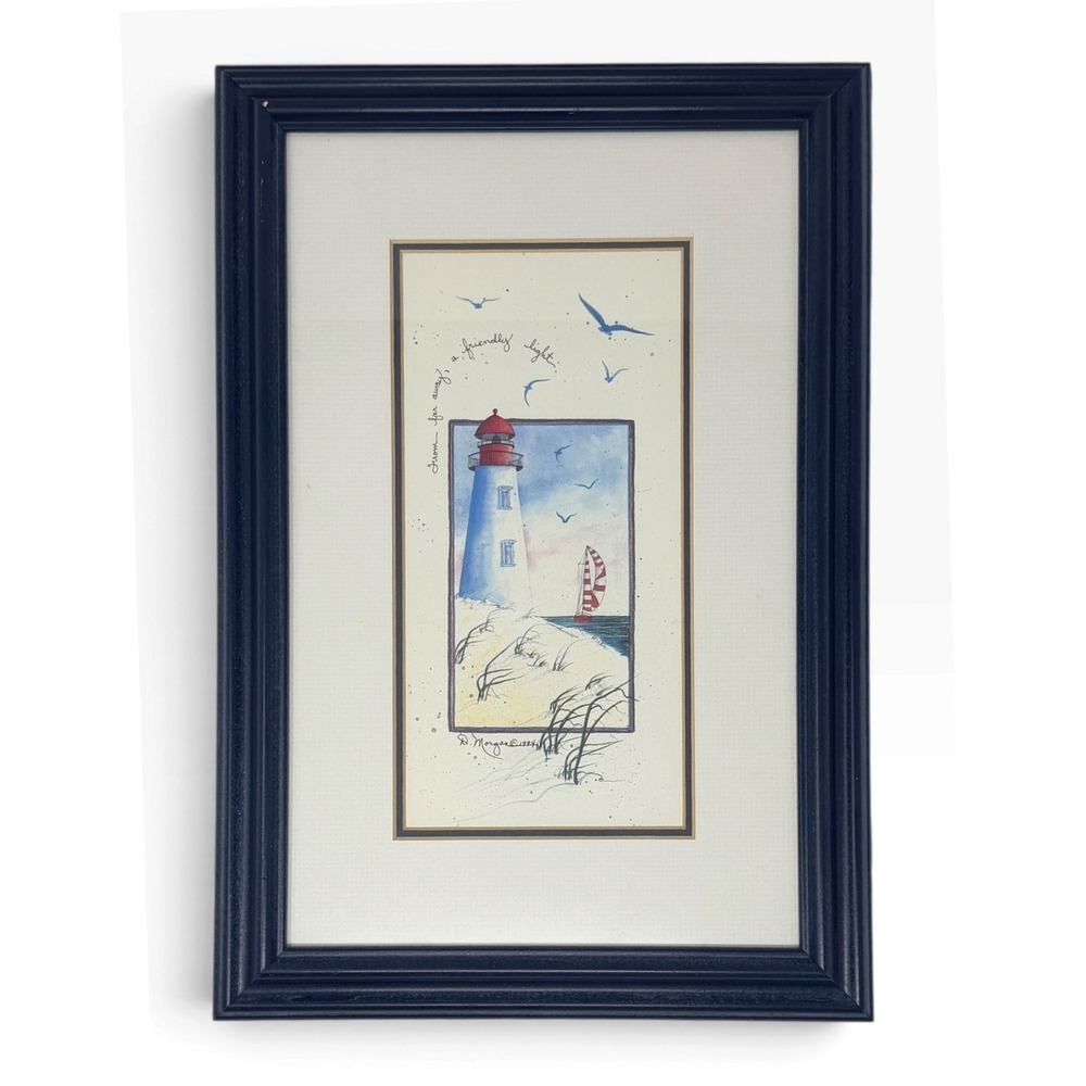 Vtg 1994 D. Morgan Lighthouse Sailboat Nautical Coastal Print Framed Matted 16"